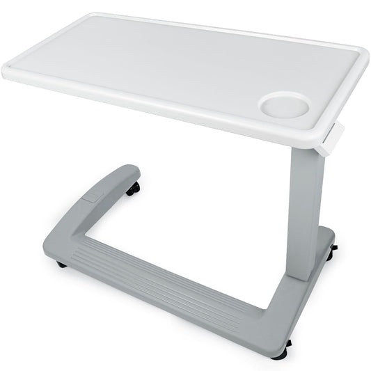 Vaunn Medical Adjustable Overbed Exam Bedside Table with Wheels (Hospital and Home Use), New Tabletop, Light Gray