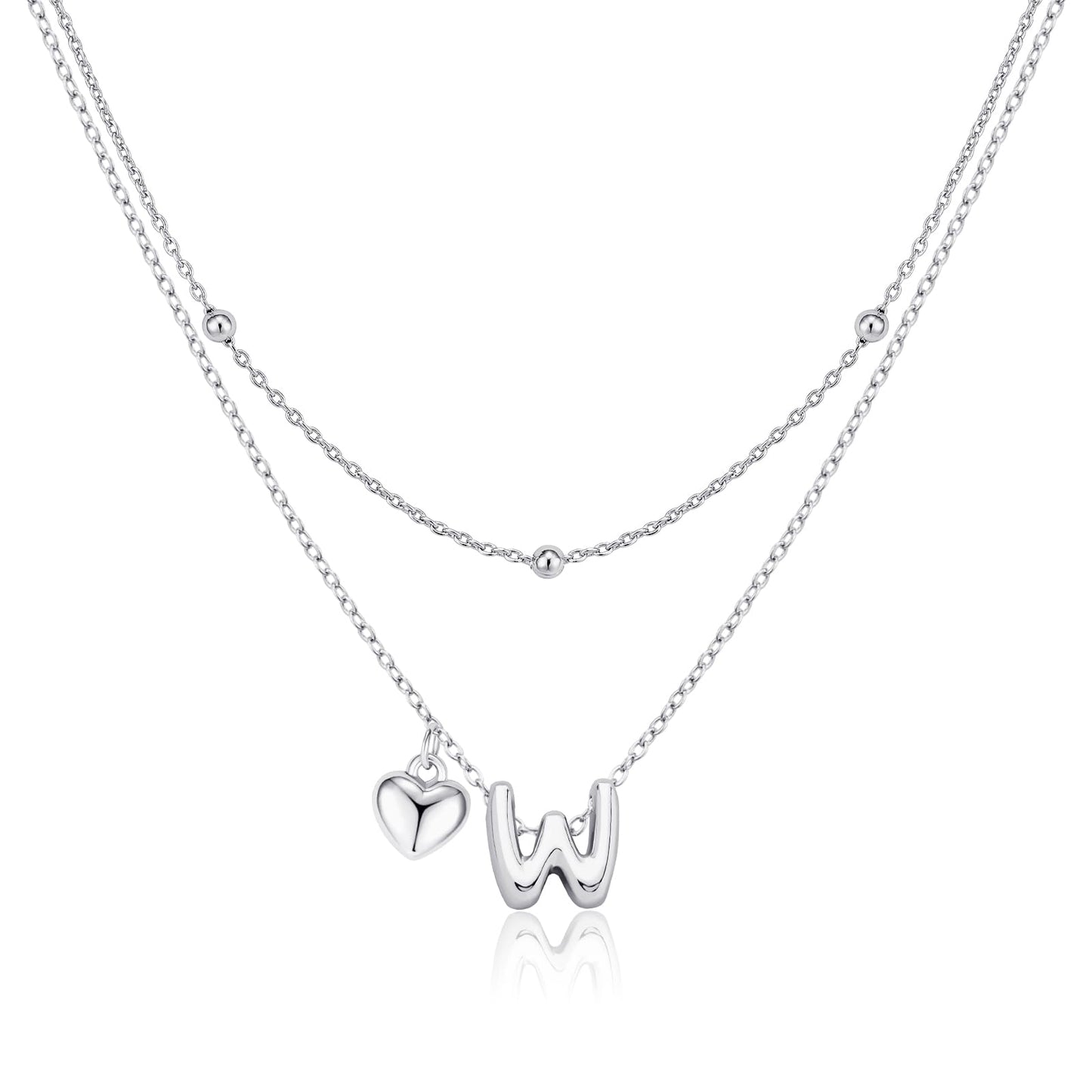 adoyi Silver Heart Initial Necklaces for Women 14k Gold Plated Layered bubble Letter Necklace Dainty Heart W Pendant Necklace Stack Birthday Valentines Gifts for Women Jewelry