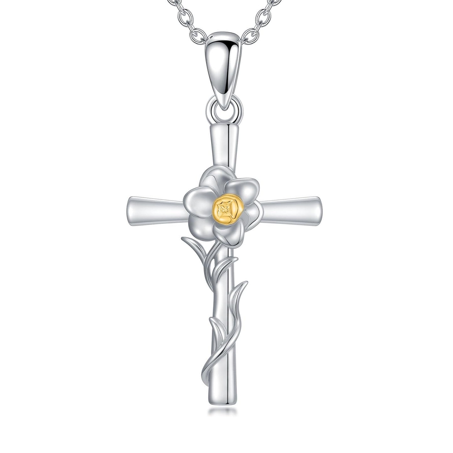 Cargari Daffodil Necklace for Women Sterling Silver Daffodil Cross Pendant Birth Flower Cross Necklace Jewelry Gifts for Women