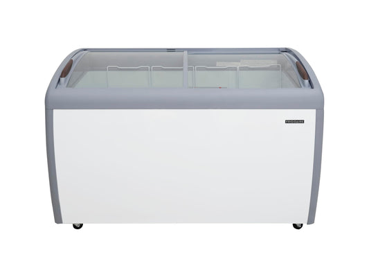 Frigidaire Commercial Chest Freezer for Ice Cream and Frozen Foods, Store Displayer, Glass Top Storage Case, 9 Cu. Ft. Bin, Rolling Caster Wheels, Adjustable Temperature, Energy Efficient Cooling