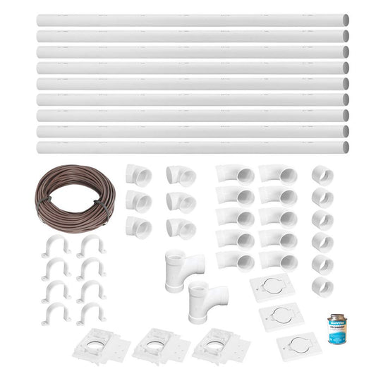 OVO Complet Central Vacuum 3 inlets Installation kit with 48 ft PVC Pipe and Fittings Included, White (INST-3P-WH-NAD)