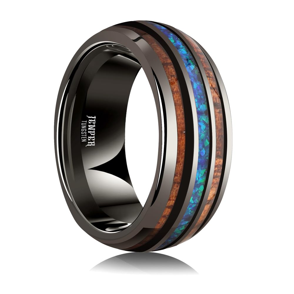 JEWPER 8mm Men Womens Wedding Band Tungsten Rings dark gun black Fashion Promise Carbide Inlaid blue opal koa Matte Finish Edge Comfort Fit Size(11)