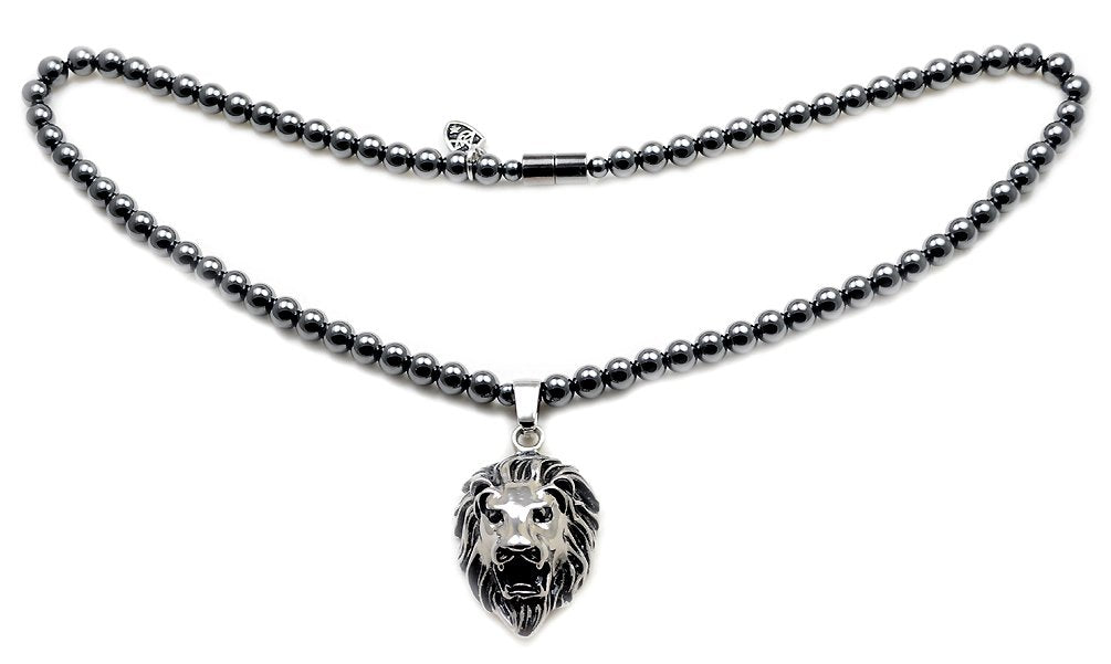 Accents Kingdom Men's Hematite Therapy & Healing Stone Round Bead Necklace With Stainless Steel Lion Head Pendant 22"