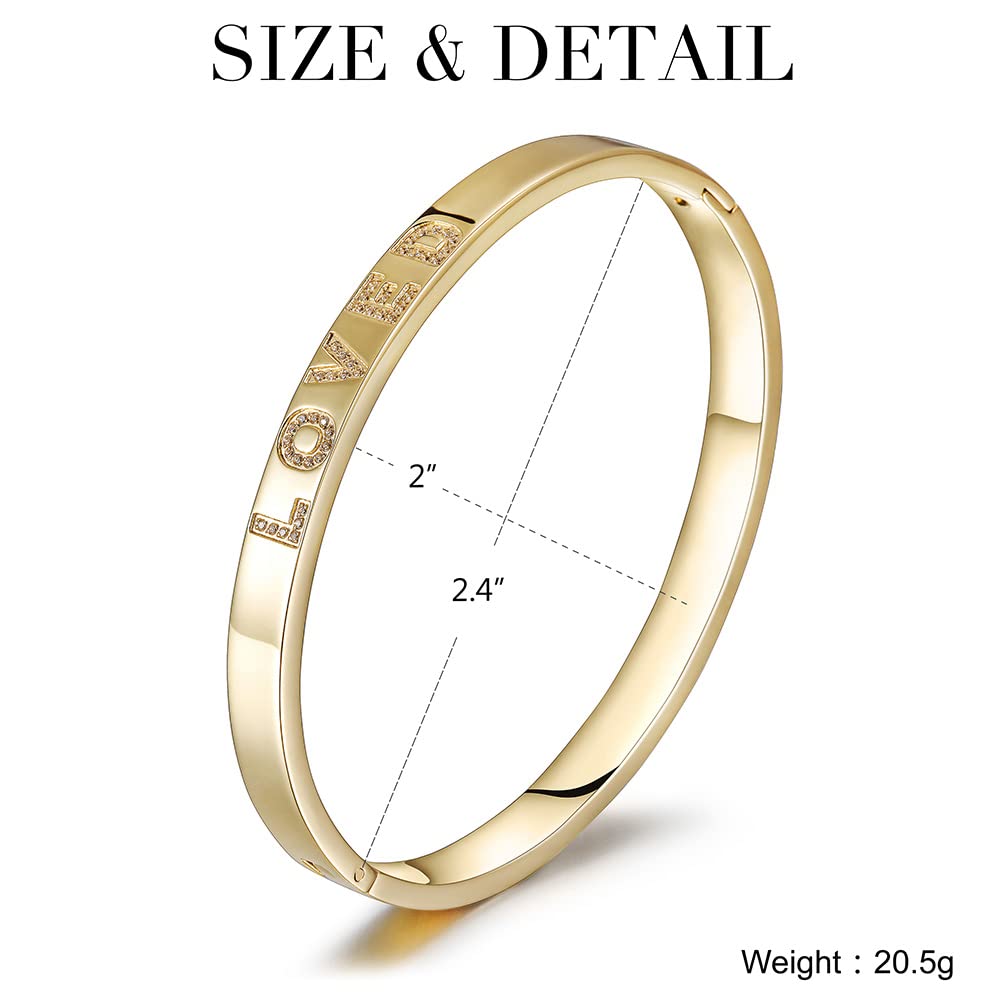 WISTIC Gold Plated Bangle Bracelet for Women, Silver Engraved Letter Cuff Bracelet with CZ, Fits 6.0–7.0 Inch Wrist, 2.4in Inner Dia., Rose Gold Stainless Steel Hinged Bangle Jewelry, LOVED, Gold