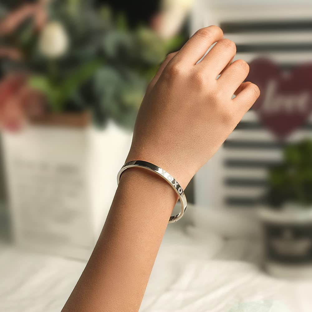 WISTIC Gold Plated Bangle Bracelet for Women, Silver Engraved Letter Cuff Bracelet with CZ, Fits 6.0–7.0 Inch Wrist, 2.4in Inner Dia., Rose Gold Stainless Steel Hinged Bangle Jewelry, XOXO, Silver