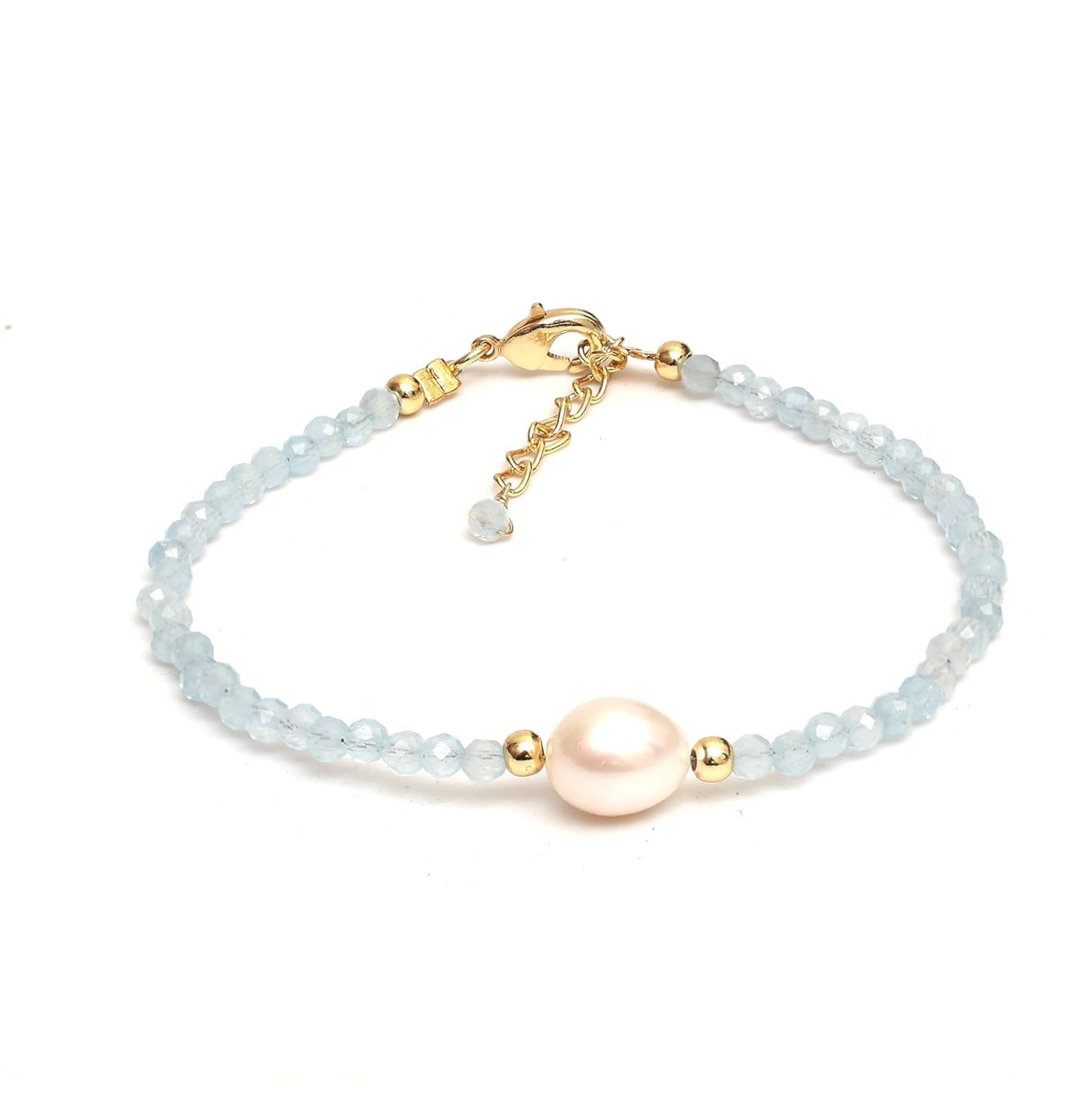 Gempires Aquamarine Gemstone Beaded Bracelet with Pearl Choker Crystal Jewelry March Birthstone Gifts Hypoallergenic Gold Plated Dainty Gifts for Women