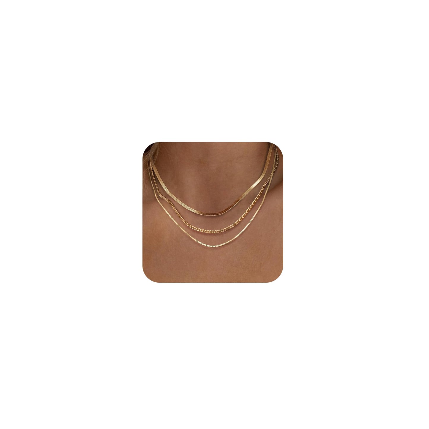 Freekiss Gold Herringbone Necklace, Layered 14K Gold Filled Choker Necklaces, Dainty Snake chain Cuban Link Necklace Set, Simple Gold Jewelry Gifts