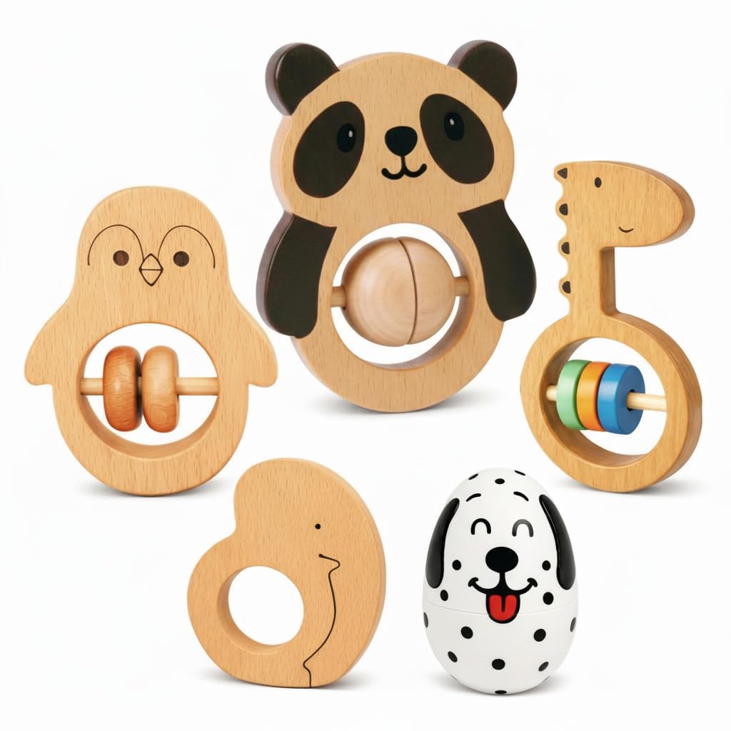 Voofy Wooden Baby Rattle Set (5pcs) – Montessori Infant Grasping Toys for 0-12 Months, Natural Non-Toxic Sensory Development Toy, Eco-Friendly Shaker Organic Baby Shower Gift for Boys & Girls
