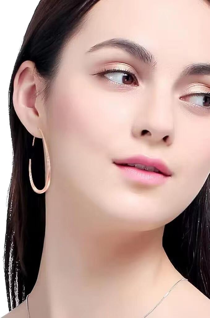 Lightweight Teardrop Hoop Earrings for Women - 14k Gold/White Gold Plated Large Oval Pull Through Hoop Earrings High Polished Statement Jewelry Gift for Women(rose gold 50 * 30)