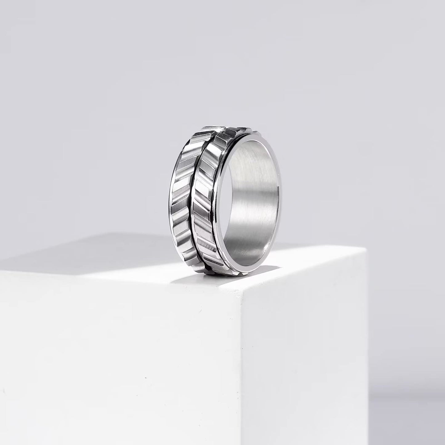 King Will Mens Silver 8mm Spinner Rings Tire Thread Stainless Steel Groove Anxiety Fidget Ring for Men 11