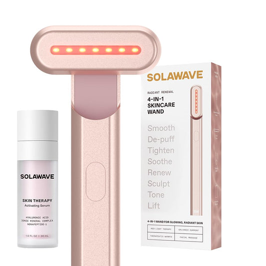Solawave 4-in-1 Red Light Therapy Wand + Activating Serum | LED Skincare Device for Face & Neck | Facial Tool with Galvanic Current, Massage & Therapeutic Warmth | Reduces Appearance of Fine Lines