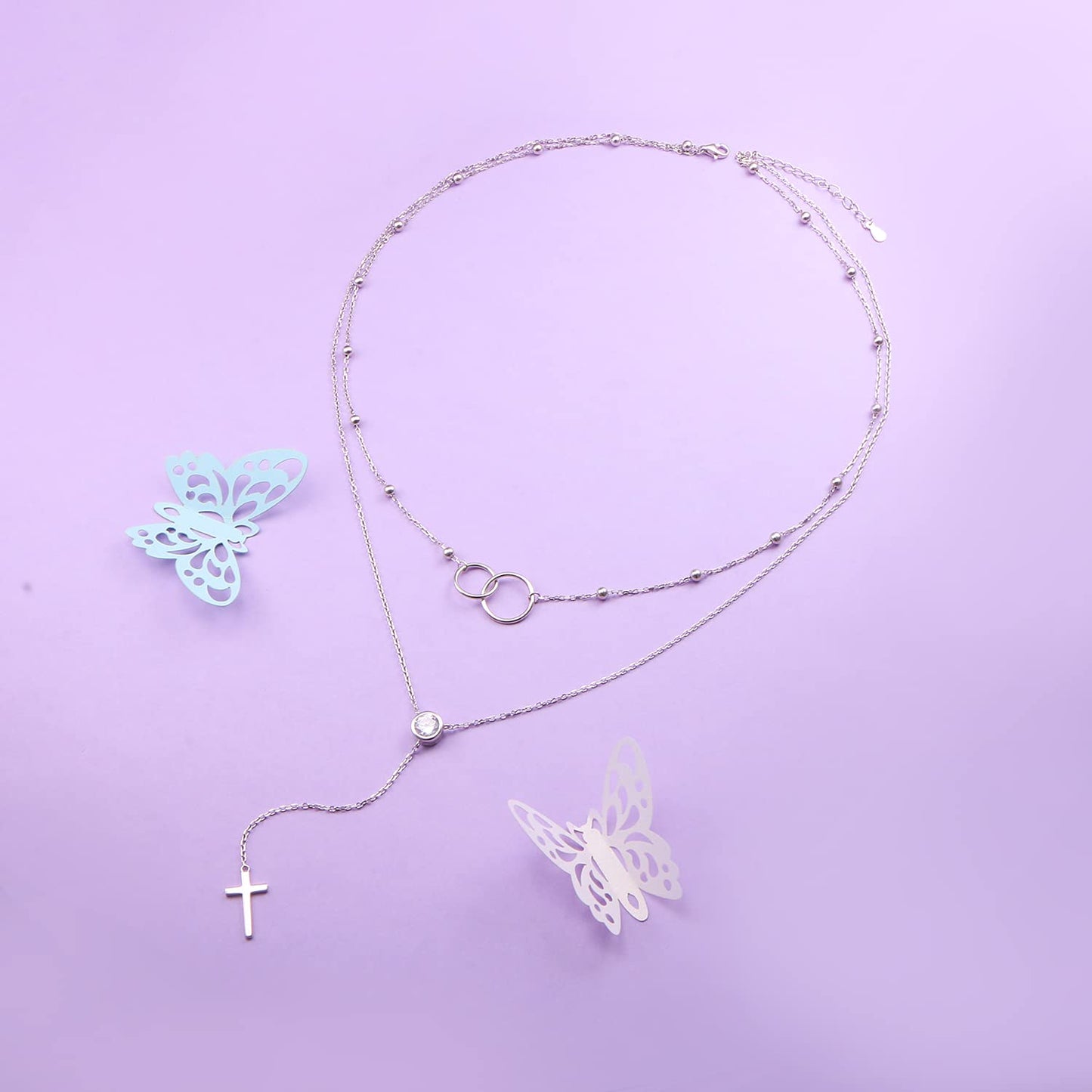 FLYOW Layered Cross Necklace 925 Sterling Silver Two Interlocking Infinity Circles Choker Y Lariat Long Necklace Mothers Day Birthday Gifts for Women