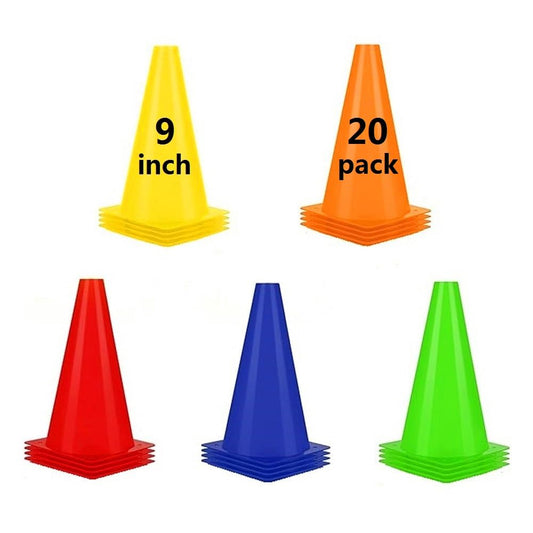 ANSLYQA Soccer Cones (9 Inch 20 Pack), Agility Training Sport Cone with Carry Bag for Drilling Football Basketball Field Markers, (5 Colors)