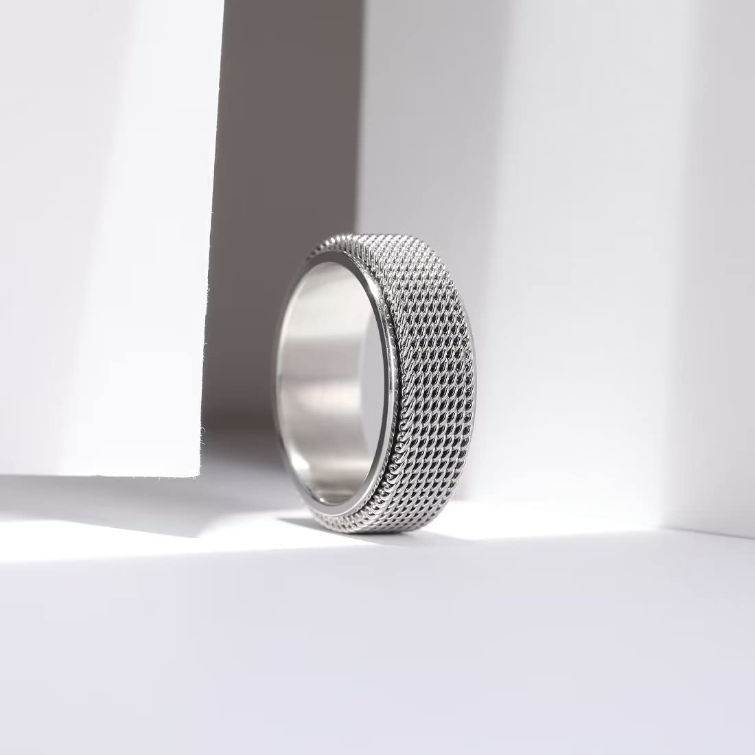 King Will Silver 8mm Spinner Chain Mesh Rings Stainless Steel Anxiety Ring for Women Men Wedding Band Ring Fidget Ring Mesh Chain Woven Mesh 10