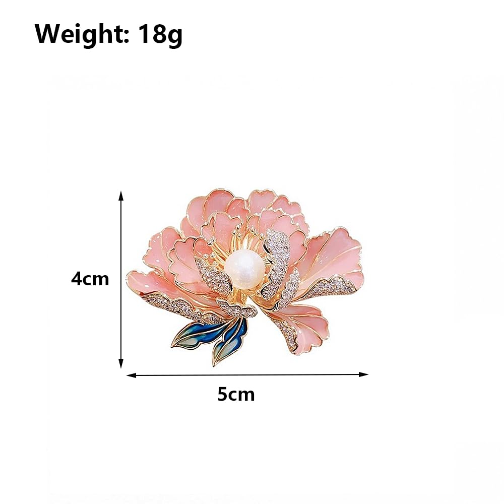 Dainty Flower Brooch Pins for Women Graceful Cubic Zircon Peony Pearl Enamel Badges Lapel Pins Trendy Banquet Prom Dress Jewelry Accessories Gift (Pink)