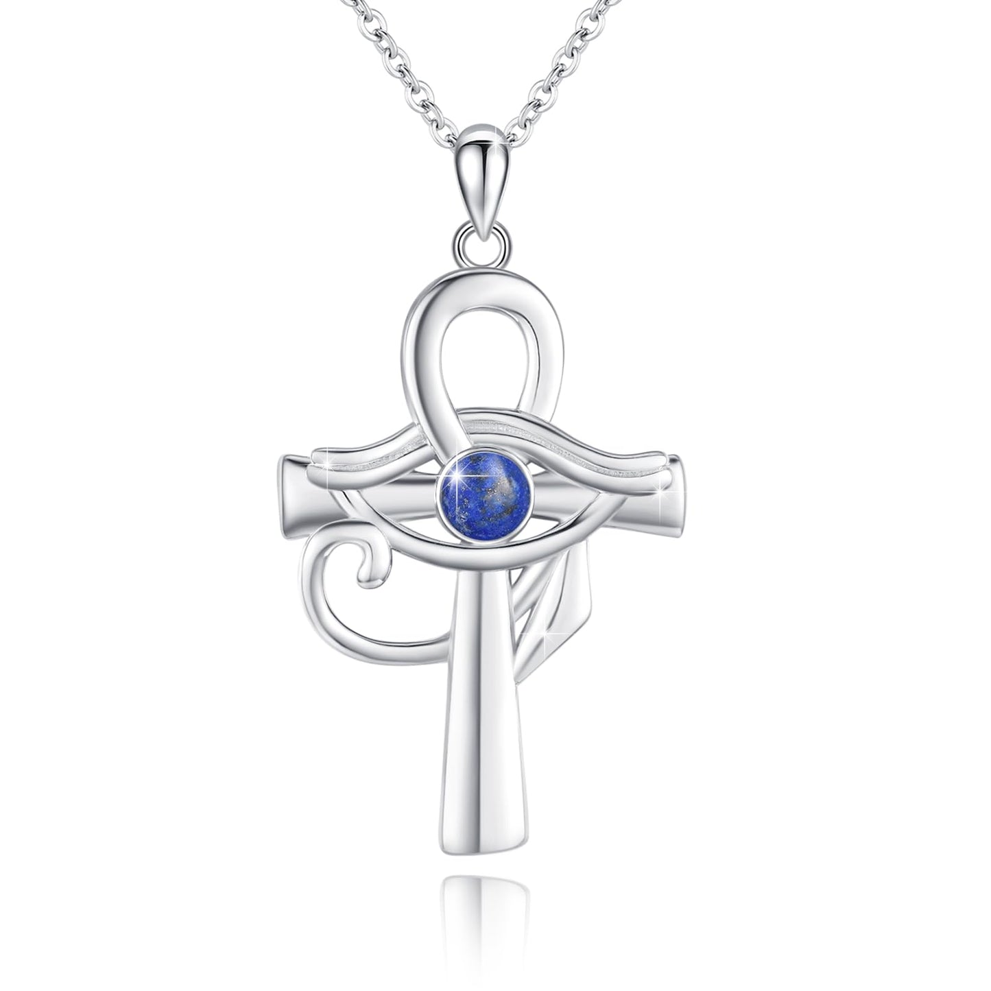 MOPOPOK Eye of Horus Necklace S925 Sterling Silver Ankh Cross Necklace with Lapis Lazuli Egyptian Eye of Horus Protection Cross Jewelry Gifts for Women Birthday Christmas