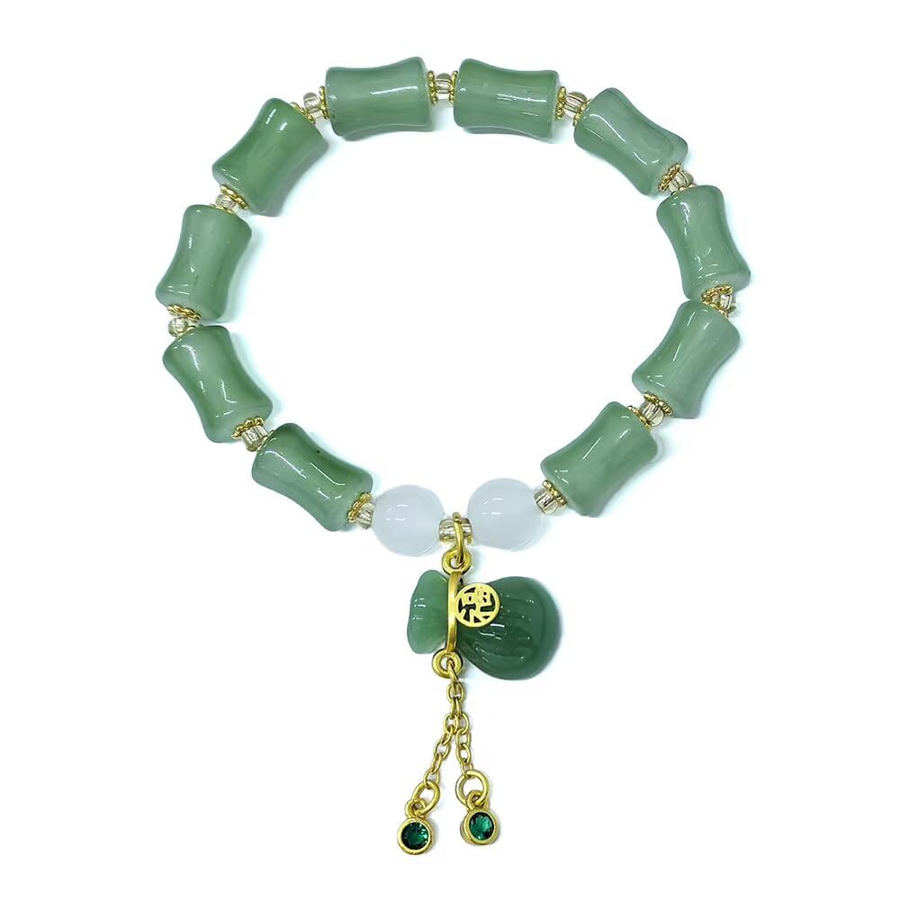 Zhang shine Bamboo Bracelet Jade Stones Lucky Money Bag Pendant Charm Stretch Beaded Bracelets For Women Fengshui Jewelry-Green White Lucky