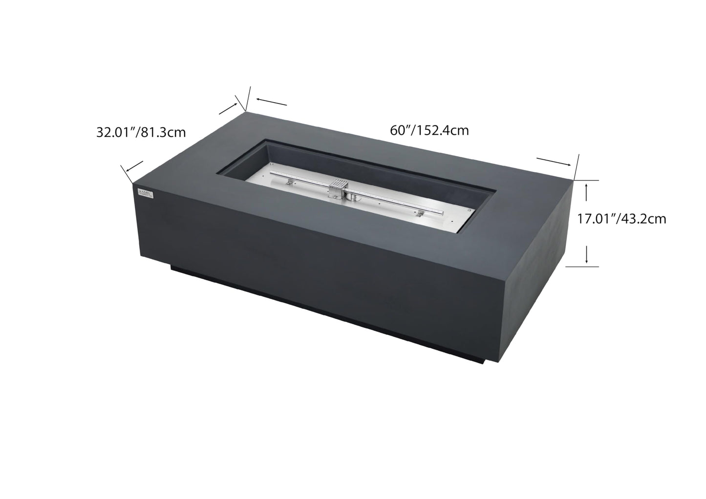AMS Creations | Madison 60" Bundle Rectangular Propane Gas Outdoor Fire Pit Table | Dark Gray Concrete GFRC | Smooth Texture or Surface | Electronic Ignition | Outside Backyard Fireplace