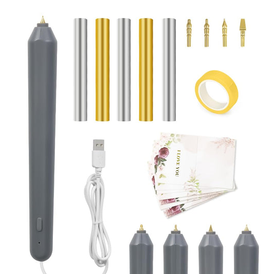 30PCS Hot Foil Embossing Stamping Pen Set Includes 1 USB Foil Quill Pen with 4 Size Metal Tips,5 Hot foil Rolls,20 Cards,1Adhesive tape for DIY Craft Embossing Scrapbooking Craft Stamping Project