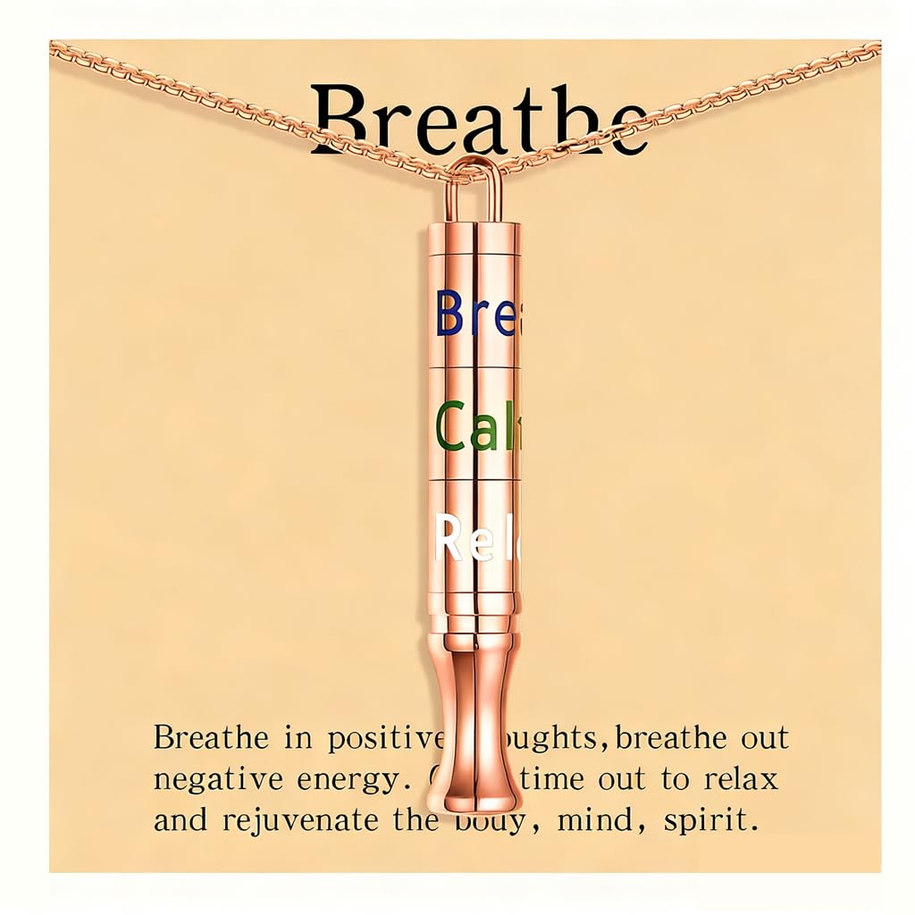 Fidget Necklace with Spinning Calm, Breathe, Relax Charms - Sensory Anxiety Relief & Deep Breathing Aid Stainless Steel Necklaces for Women Men (Rose Gold)
