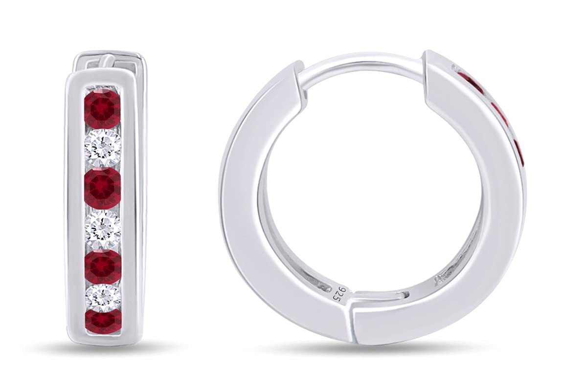 Huggie Earrings for Women, 14K White Gold Over Sterling Silver Hoop Earrings with Simulated Ruby and White Cubic Zirconia, Dainty Elegant Jewelry Gift