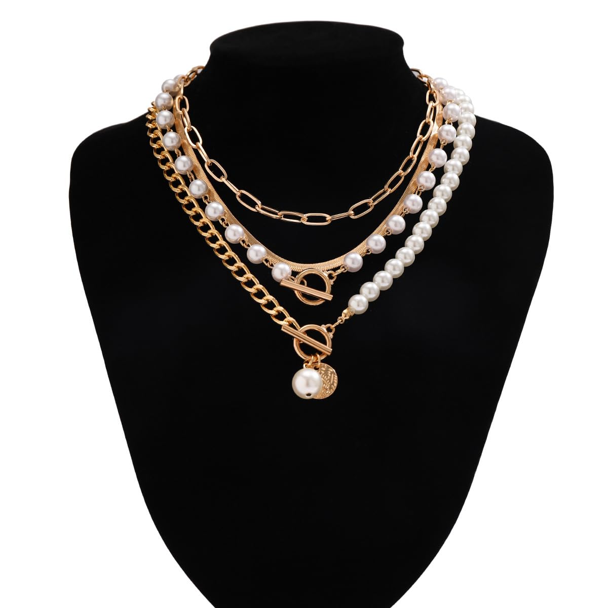 4 PCS Layered Gold Necklace for Women Chunky Gold Necklace Stack Paperclip Chain Pearl Necklace Herringbone Choker Necklace Fashion Jewelry Gifts