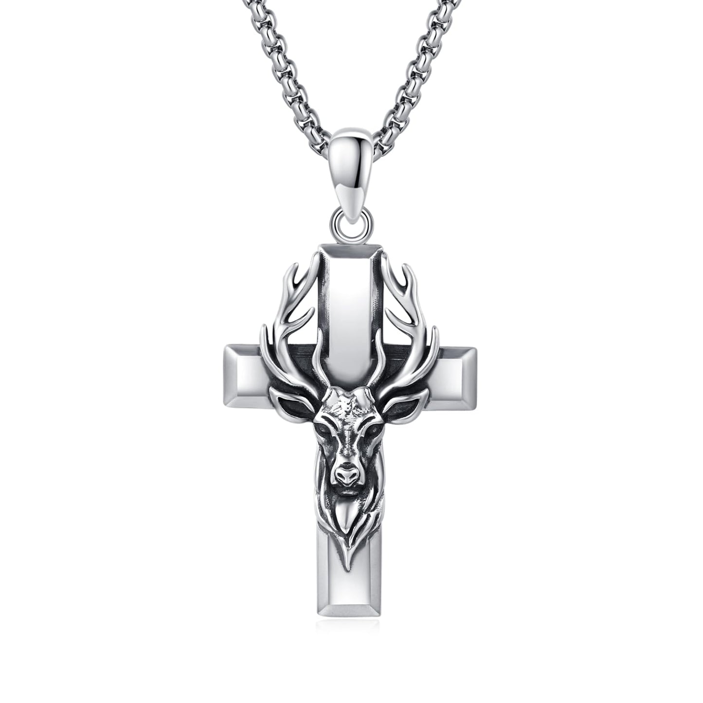YEESIA Cross Necklace for Men Women, 925 Sterling Silver, Deer Cross Pendant Necklace, Christian Jewelry, Gift for Men Women
