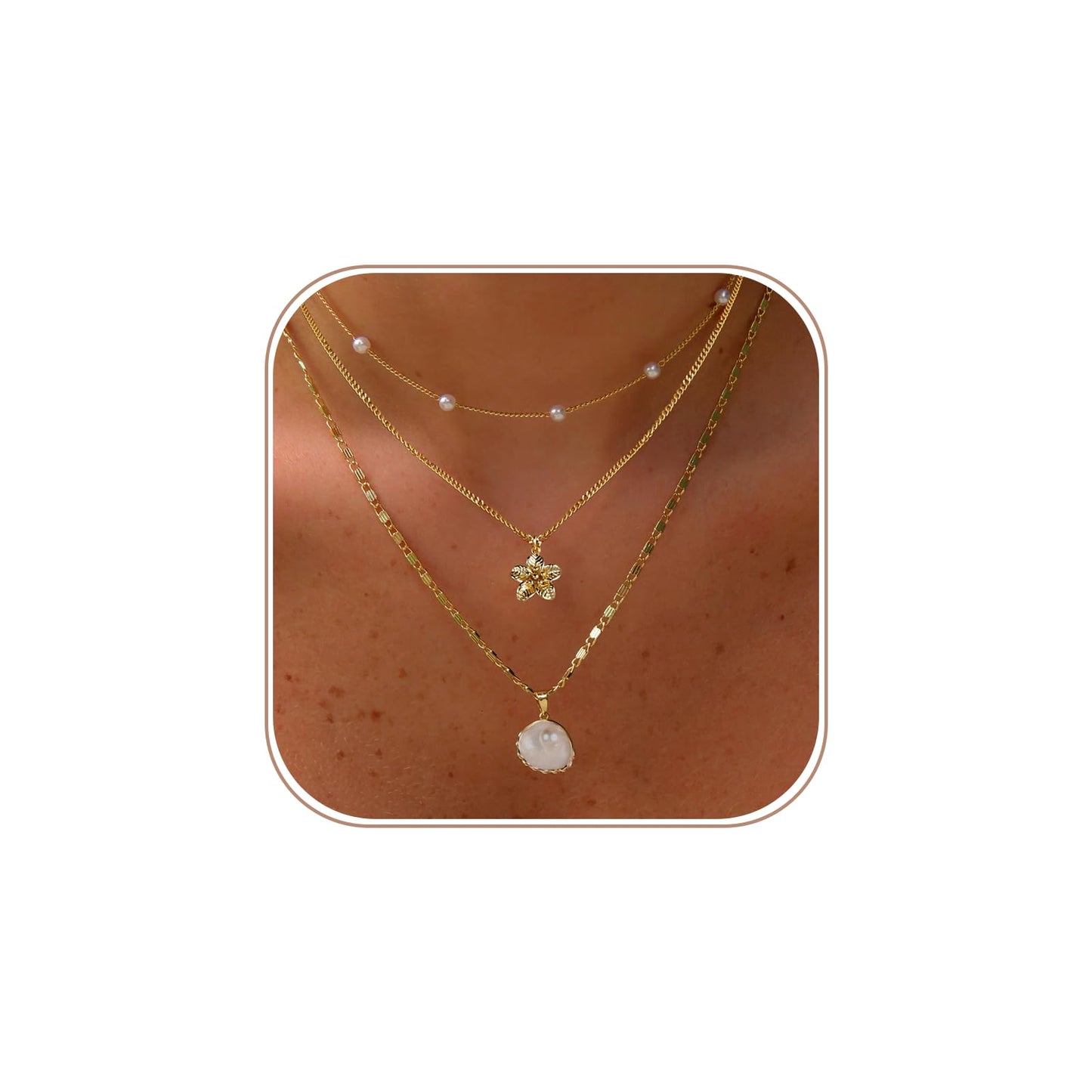 Sargetou Charm Necklaces for Women,14k Gold Plated Waterproof Dainty Choker Necklaces Summer Seashell Flower Pearl Beach Cute Cuban Paperclip Necklace Set Fashion Jewelry Gift