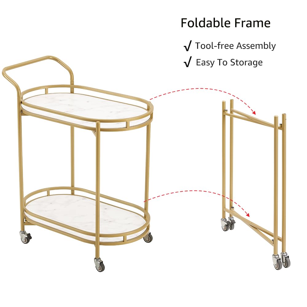 unipaws Bar Cart with Wheels, Easy Assembly Rolling Serving Bar Trolley with 2-Tier Shelves and Rotating Wheels for Home Kitchen Dining and Living Room (Gold & White)