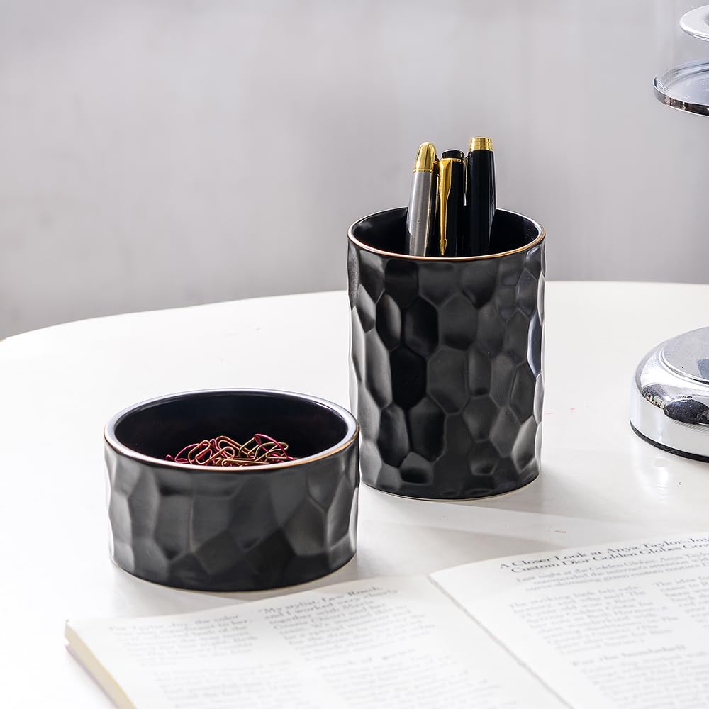 Aesthetic Desk Organizer Set of 2 For Office, Ceramic Pen Holder and Paper Clip Holder Dispenser, Cute Pencil Cup Pot for Desk, Desktop Accessories For Women Men, Office Decor Ideal Gifts (Black Set)