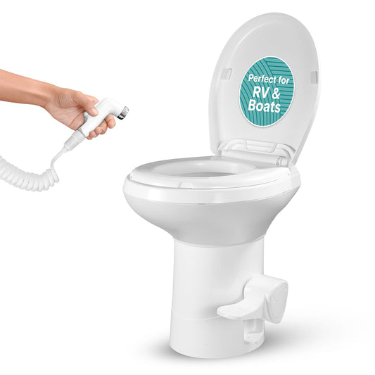 SereneLife Camper/RV Toilet – Easy Flush with Foot Pedal, Hand Sprayer, Soft-Close Seat, Leak-Proof Bowl, Odor-Free, Includes Accessories, Quick Install for RVs, Trailers, Boats & Marine Use