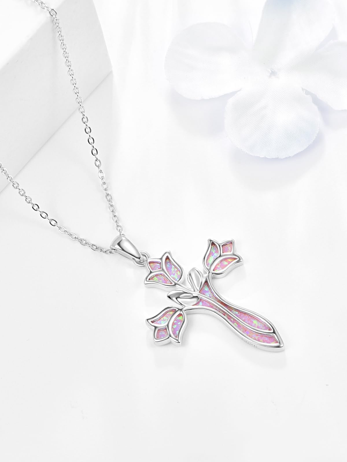 Dreamboat Opal Cross Necklace for Women Sterling Silver Cross Pendant Christian Necklace Tulip Rose Pink Opal Faith Confirmation Gifts Religious Jewelry for Mom
