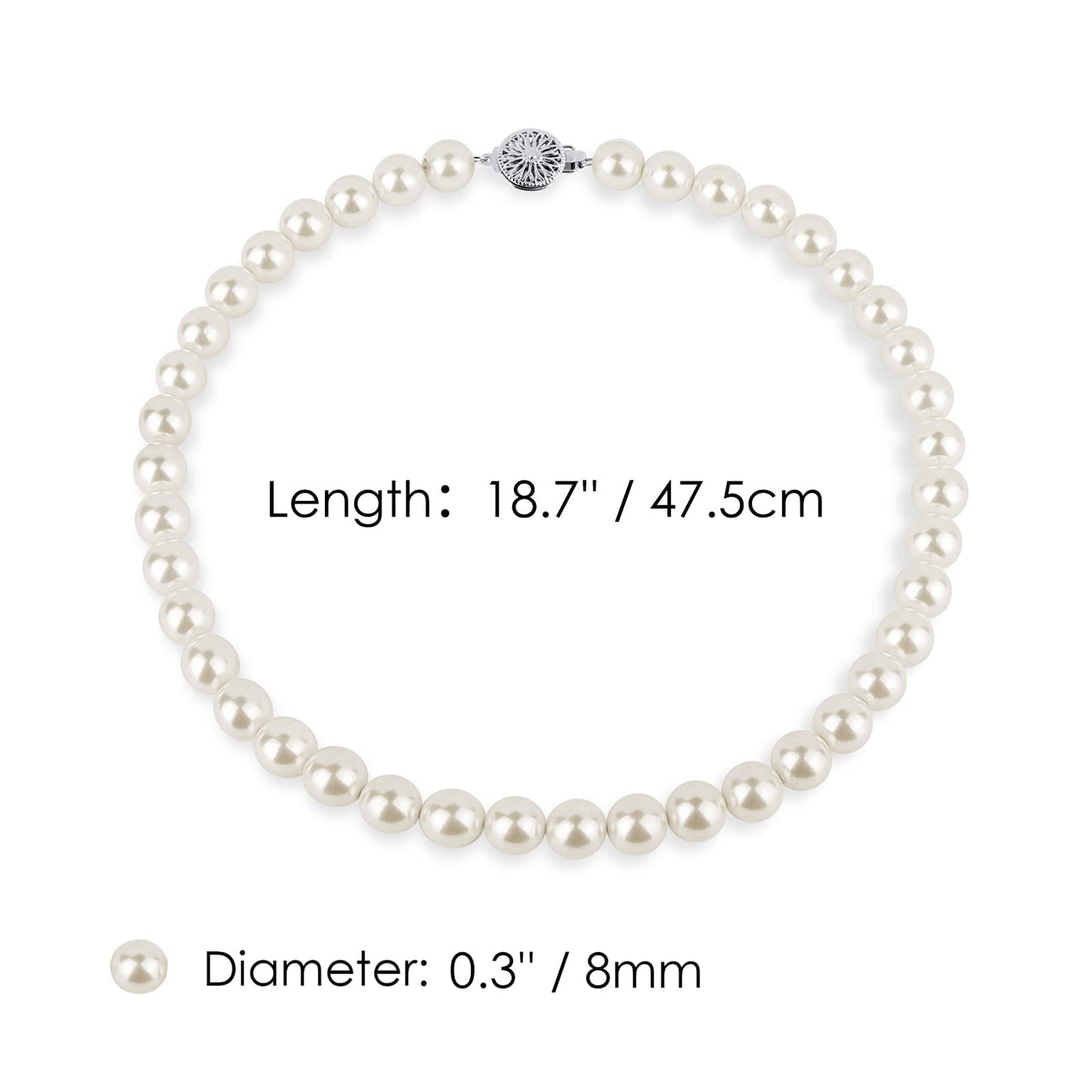 White Pearl Strand Necklace Women: 8mm/10mm Ivory Pearl Chain Wedding Jewelry with Dainty Silver Clasp for Bride Bridemaid - Trendy Accessory for Mother Elegant Lady (8mm)