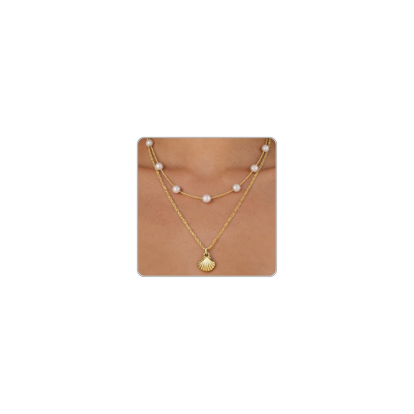Beach Layered Shell Necklace for Women, 14K Gold Plated Starfish Conch Seashell & Pearl Charm Pendant, Dainty Coastal Summer Vacation Jewelry (Seashell Necklace)