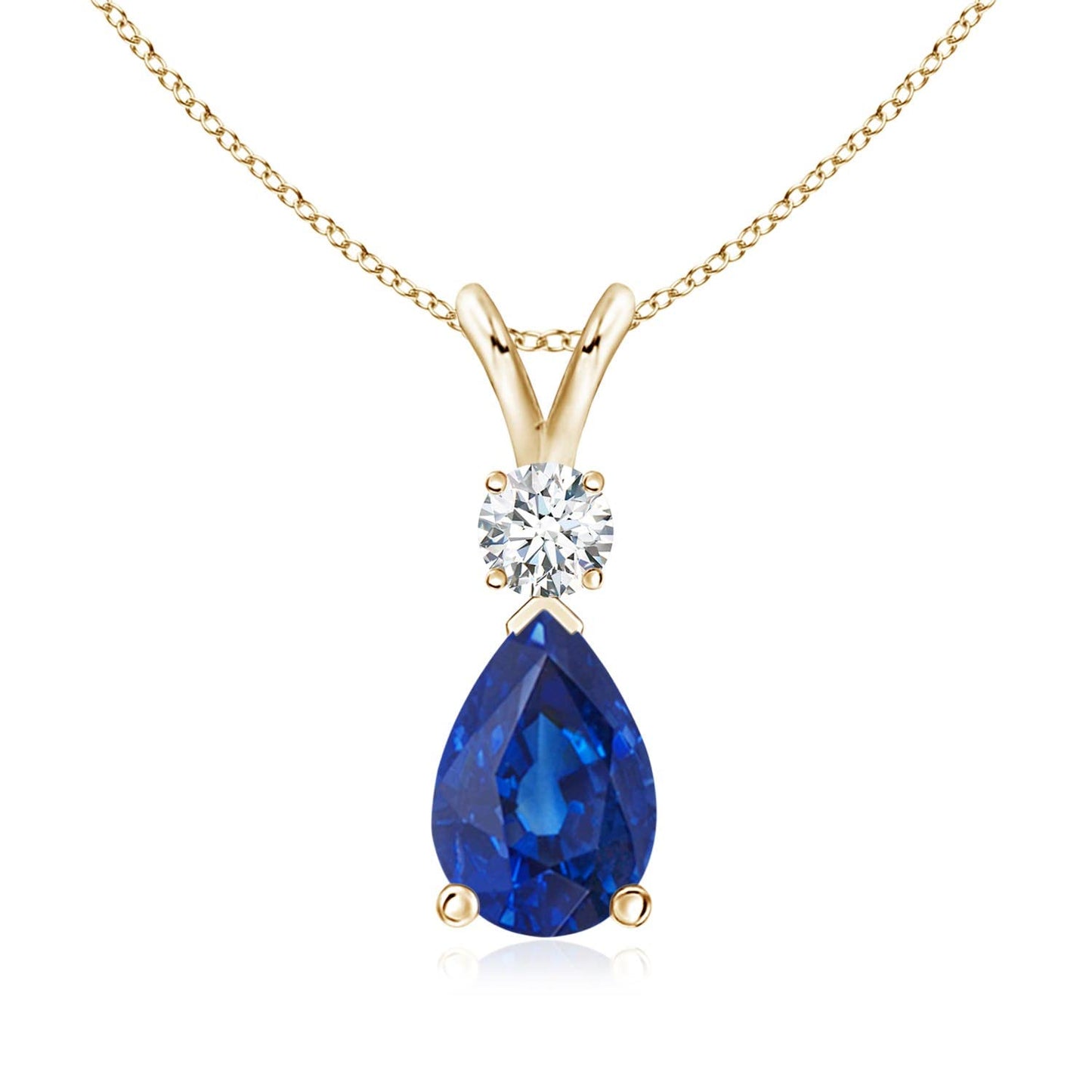 Angara Natural Blue Sapphire Solitaire Pendant for Women | Prong-Set Blue Sapphire Teardrop V-Bale Pendant with Diamond in Yellow Gold | September Birthday, Gemstone Jewelry Gift | AAA | 6x4mm