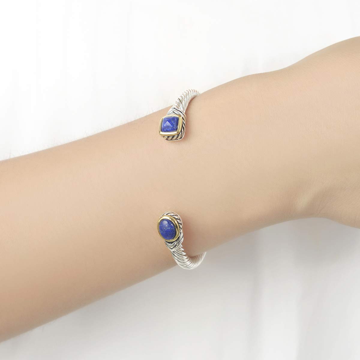 UNY Jewel Bracelet Designer Brand Inspired Women Jewelry 4.5mm Thin Twisted Cable Wire Bangle Gem Stone Christmas Day Gift (Lapis Blue)