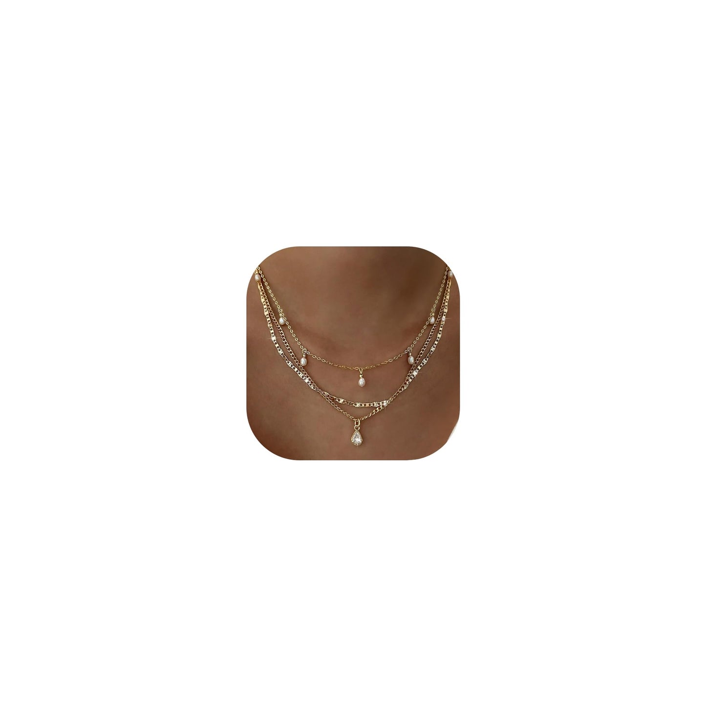 YEEZII Layered Gold Necklaces for Women Trendy, 3 Pcs 14K Gold Plated Choker Paperclip Box Chain Necklace, Stackable Women's Gold Pendant Necklaces Jewelry Set (Gold-3 Pcs-Pearl)