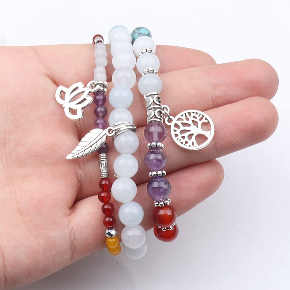 UEUC Natural Gemstone Chakra Bracelets for Women, Multilayer Tree of Life Lotus Crystal Healing Stone Bracelet Sets, Yoga Meditation Reiki Relax Bracelets for Stress Relief(#82)