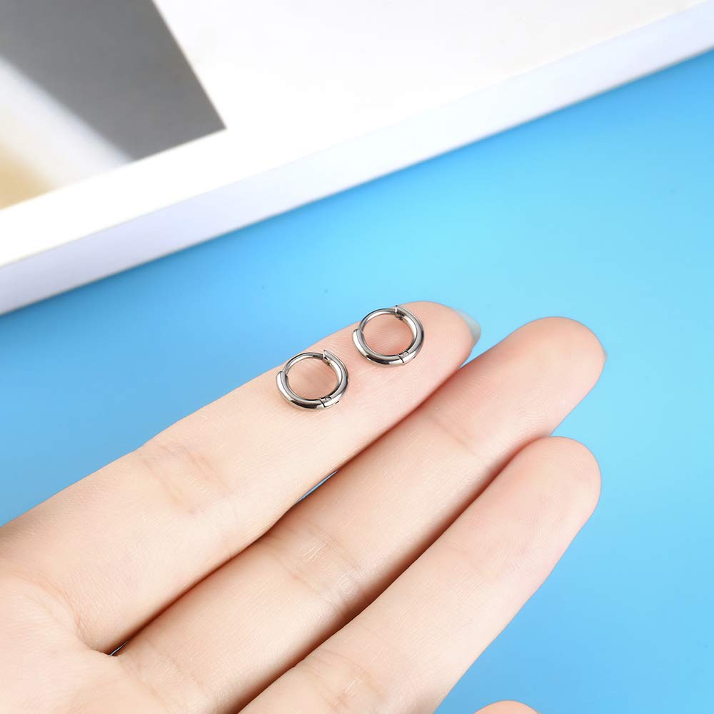 316L Surgical Stainless Steel Huggie Hoop Earrings 8mm Silver Hypoallergenic Earrings Hoop Cartilage Helix Lobes Hinged Sleeper Earrings For Men Women(B10:8mm Silver(THK 1.5mm))