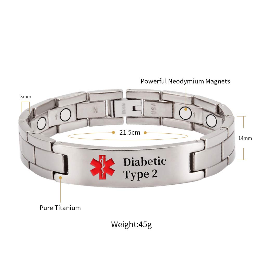 EnerMagiX Titanium Medical Alert Bracelet for Men Women, Type 2 Diabetes, High Blood Pressure, Blood Thinner, Hypoallergenic, 8.46inch Wristband