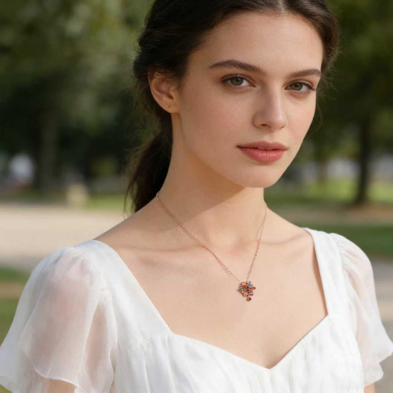 Kim Carrey Italian Elegant Rose Gold Necklace for Ladies | 18K Rose Gold Plated Necklace Pendant for Women | Gemstone necklace, Gift for Daughter, Wife, Mom, Her Jewelry (Ruby Pendant and Flower)