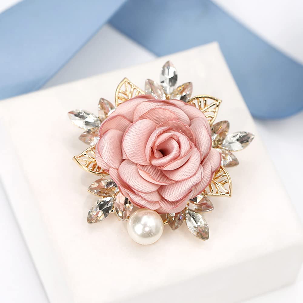 Elegant Rose Flower Brooch Pin for Women Men Wedding Party Gentleman's Essentials Handmade Imitation Crystal Pearl Fabric Flowers Lapel Pin Dress Suit Accessories Boutonniere Ideas Gift (Pink)