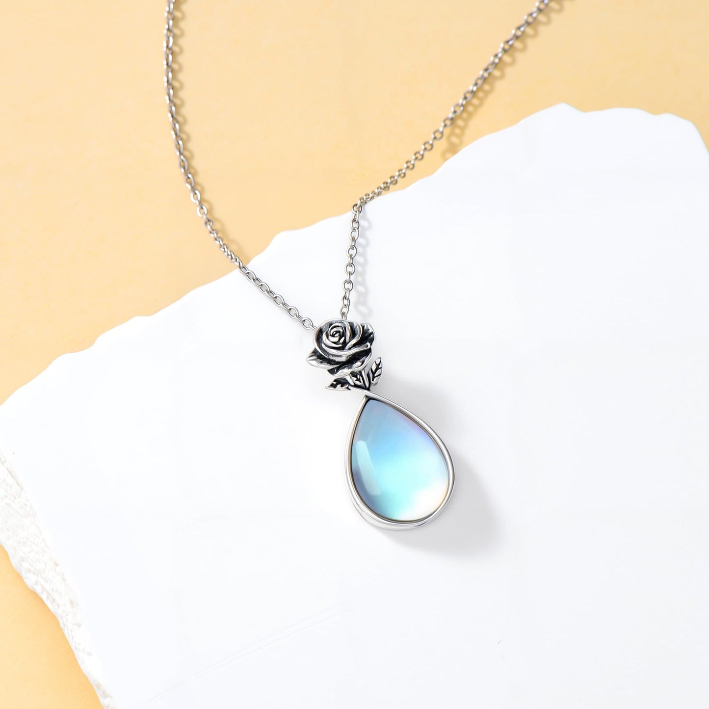 OUTANG Moonstone Necklace for Women 925 Sterling Silver Moonstone Rose Flower Pendant Ladies Floral Jewelry Gifts