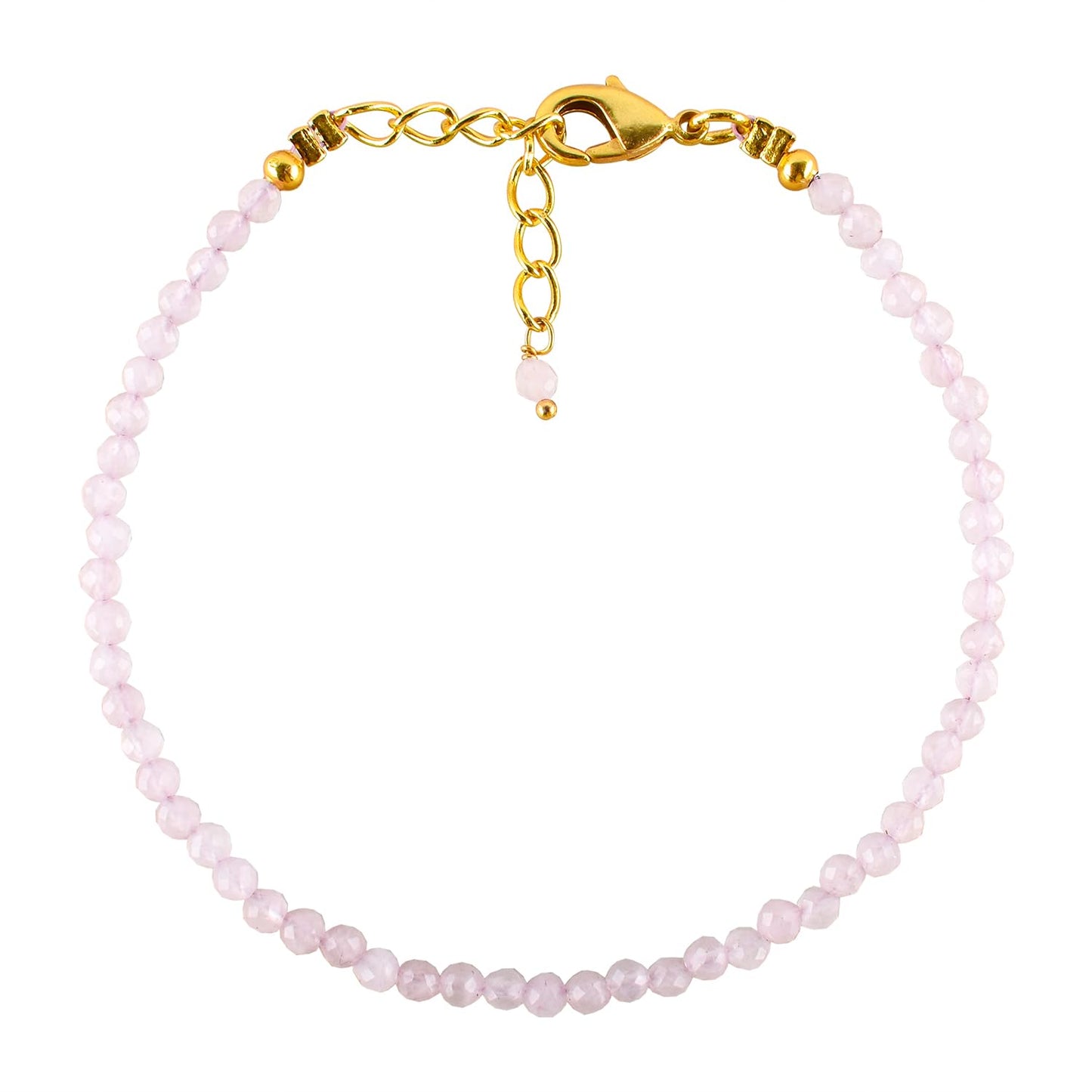 Natural Pink Rose Quartz Gemstone Micro Beads Dainty Bracelet Jewelry for Women, Birthstone, Chakra Energy Crystals, 14k Gold Plated Chain 8 inch Adjustable