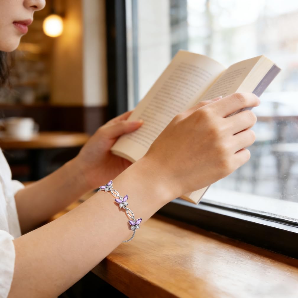 SUNCHIO Purple Bracelet 925 Sterling Silver Butterflies Link Bracelet Birthstone Jewelry Gifts for Women (Amethyst)