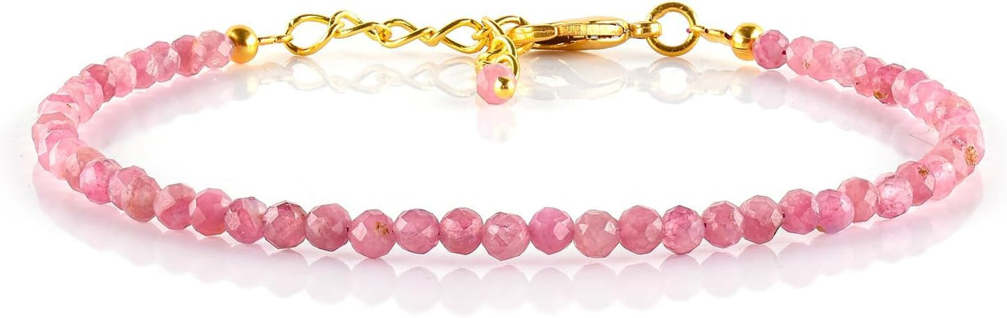 Pink Tourmaline Gemstone Micro Beads Dainty Bracelet Jewelry for Women, August Birthstone, Natural Crystals, Chakra Energy, 14k Gold Plated Chain 8 inch Adjustable