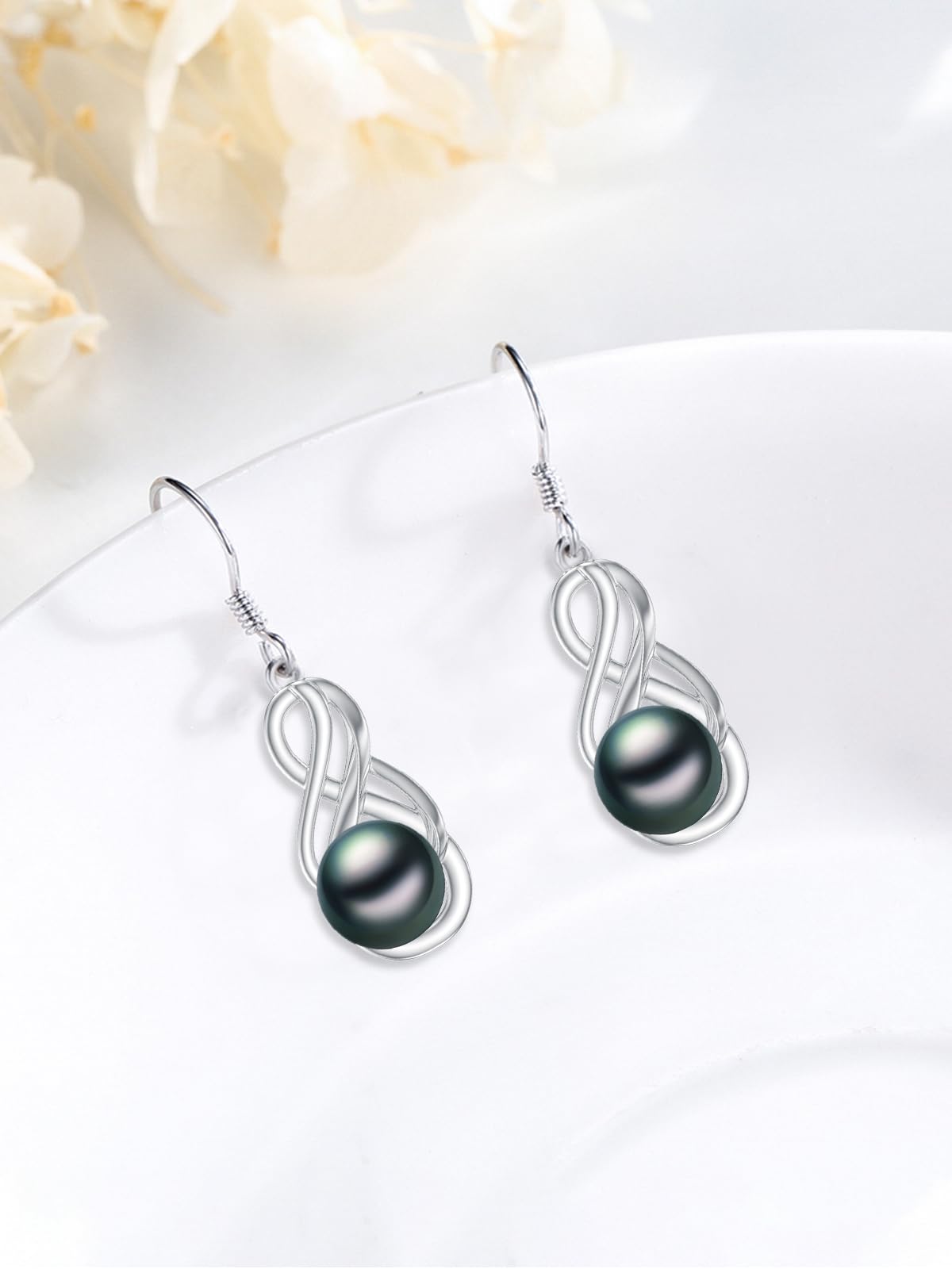 KANNSOAR 7MM Tahitian Black Pearl Dangle Drop Earrings, 18K White Gold Plated Sterling Silver Everyday Infinity Earrings for Women Wife Girlfriend Jewelry Gift for Anniversary Birthday Christmas