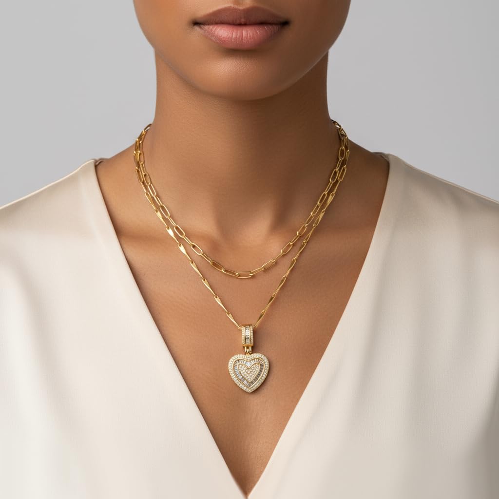 MEIITRUE Heart Necklaces for Women Trendy 14k Gold Plated Dainty Layered Necklace Set Cubic Zirconia Love Pendant Choker Thin Paperclip Chain Stackable Jewelry Gift