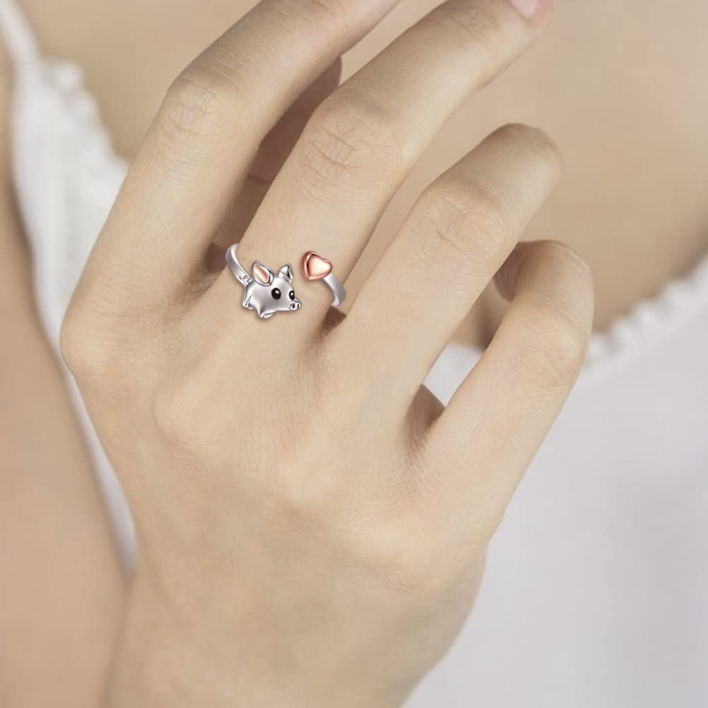 Zepmais 925 Sterling Silver Animal Ring - Adjustable Open Owl Axolotl Rings with Heart Cubic Zirconia Opal Cute Animals Jewelry Gifts for Women (Pig)