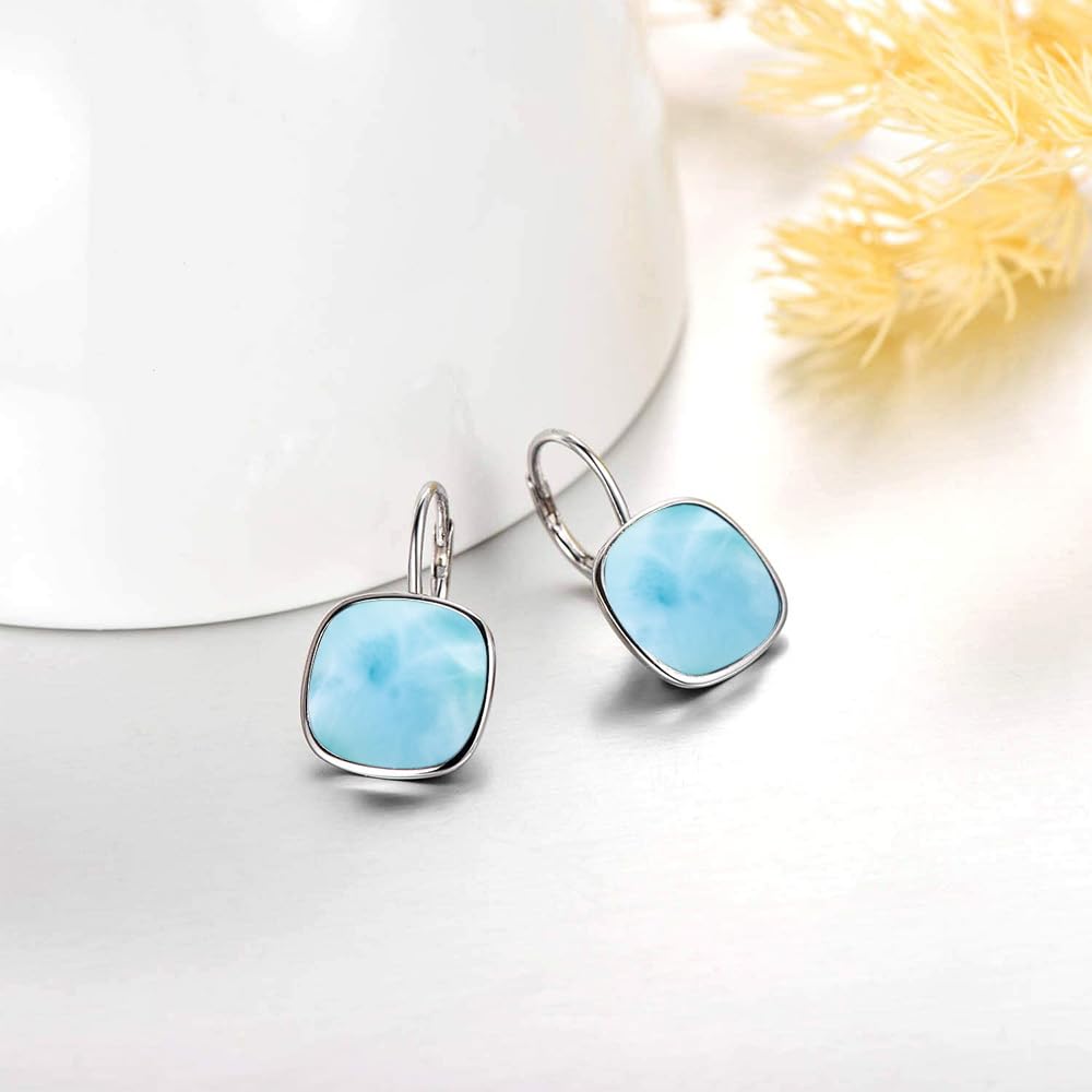AOBOCO Sterling Silver Leverback Earrings Embellished with Crystals from Austria, Hypoallergenic Cushion Cut Square Crystal Earrings, Fine Anniversary Birthday Jewelry Gifts for Women (larimar)